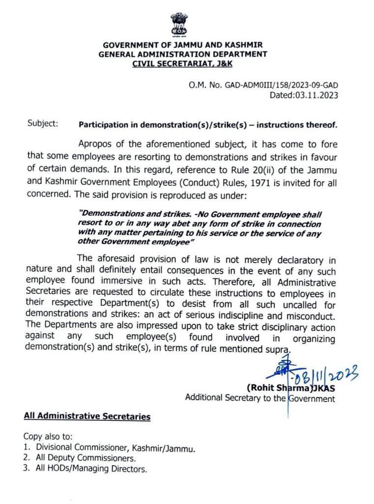 J&K Govt Warns Employees Against Strikes, Threatens Disciplinary Action