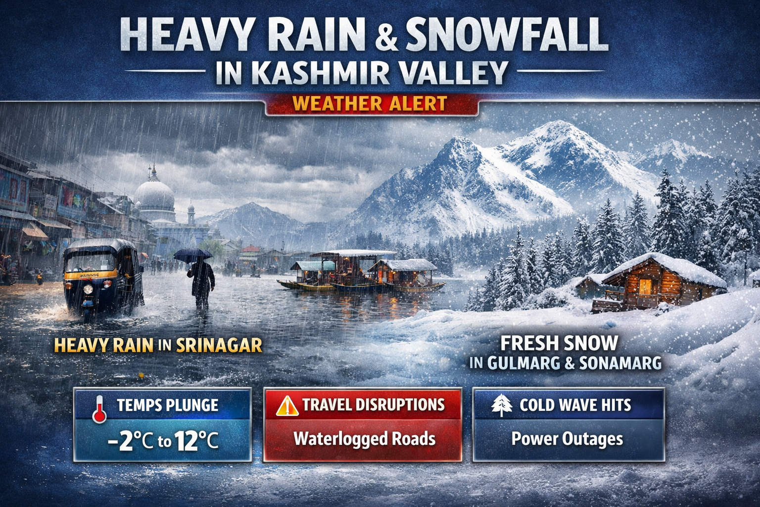 Kashmir Weather Update Heavy Rain Drenches Srinagar, Fresh Snowfall Turns Hills White Again