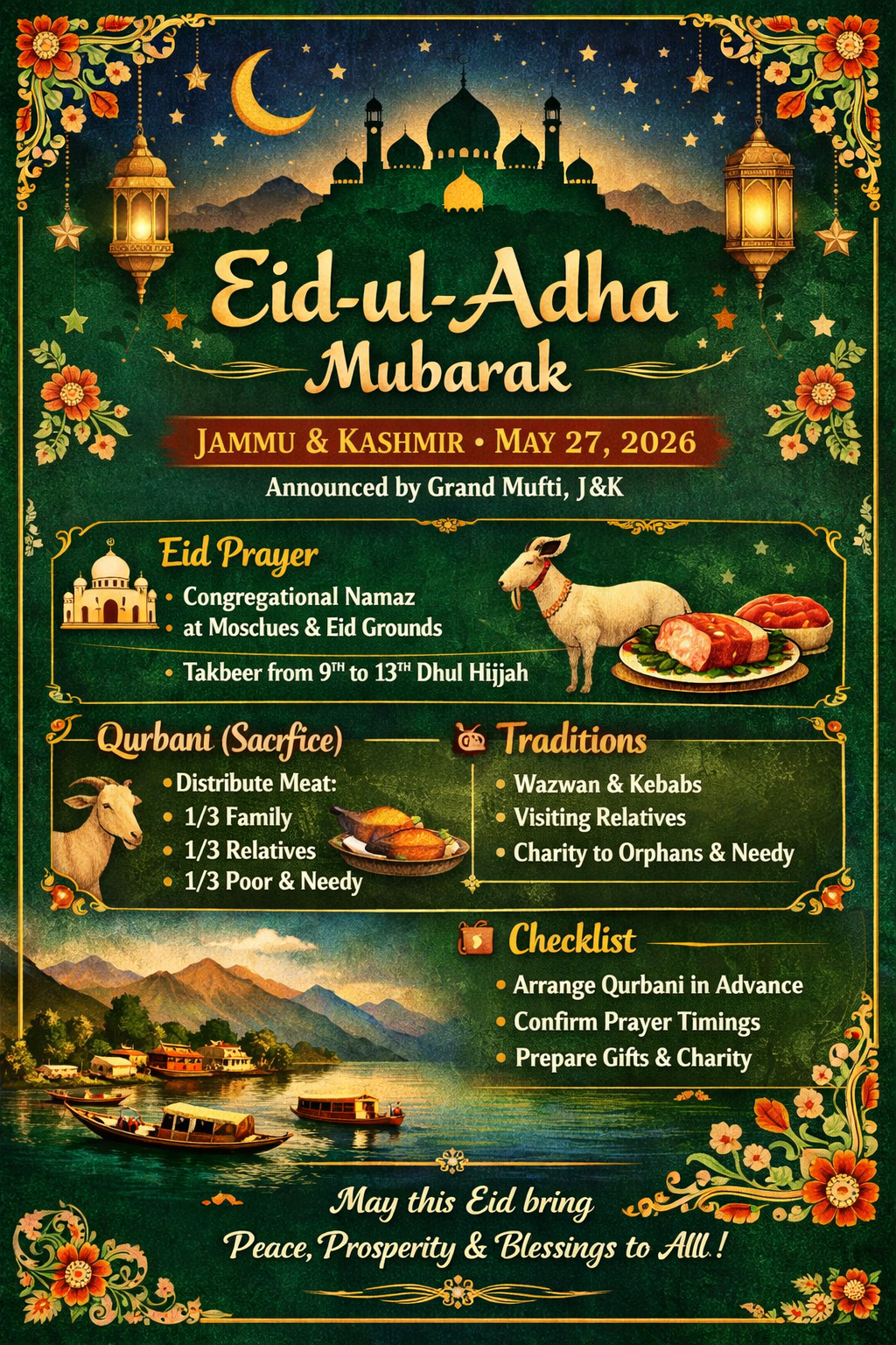 Eid-Ul-Adha 2026 in Jammu & Kashmir on May 27 After Dhul Hijjah Moon Sighting, Grand Mufti Announces