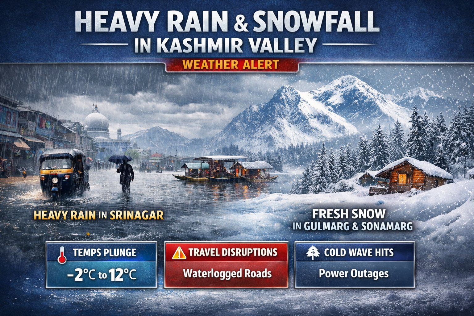 Kashmir Weather Update: Heavy Rain Drenches Srinagar, Fresh Snowfall Turns Hills White Again